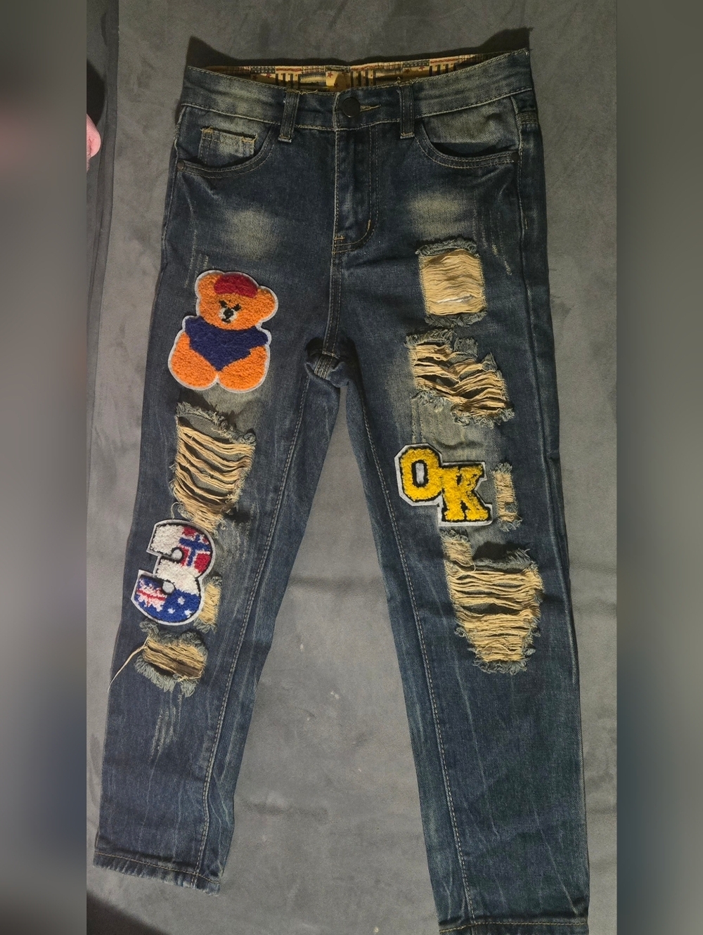 Dark Blue Distressed Kids Jeans with Teddy & Patch Accents